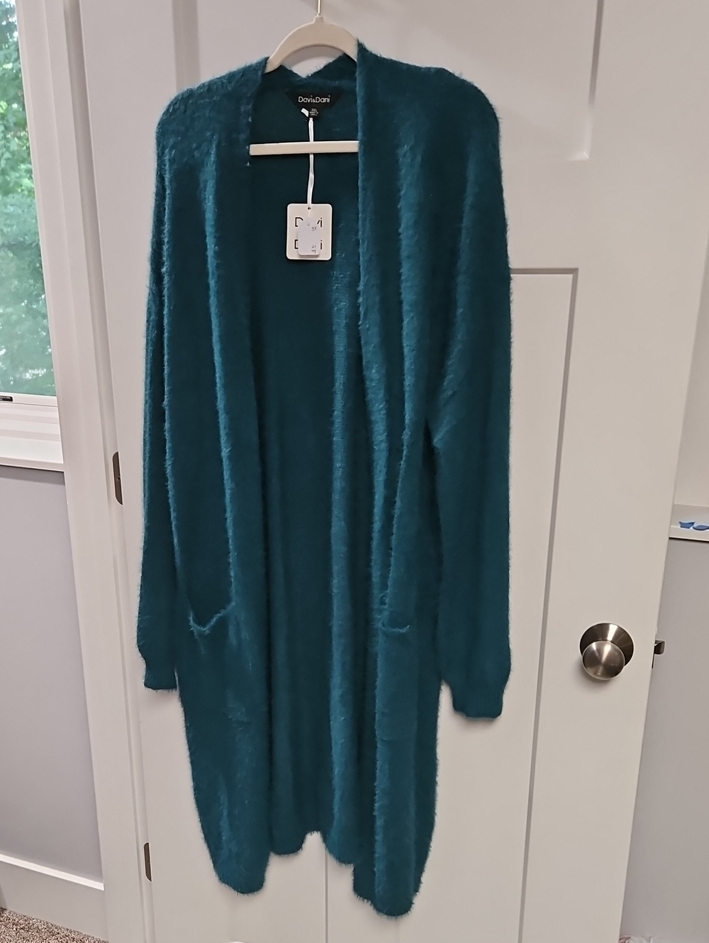 DAVI & DANI Teal Long Fuzzy Open-Front Cardigan